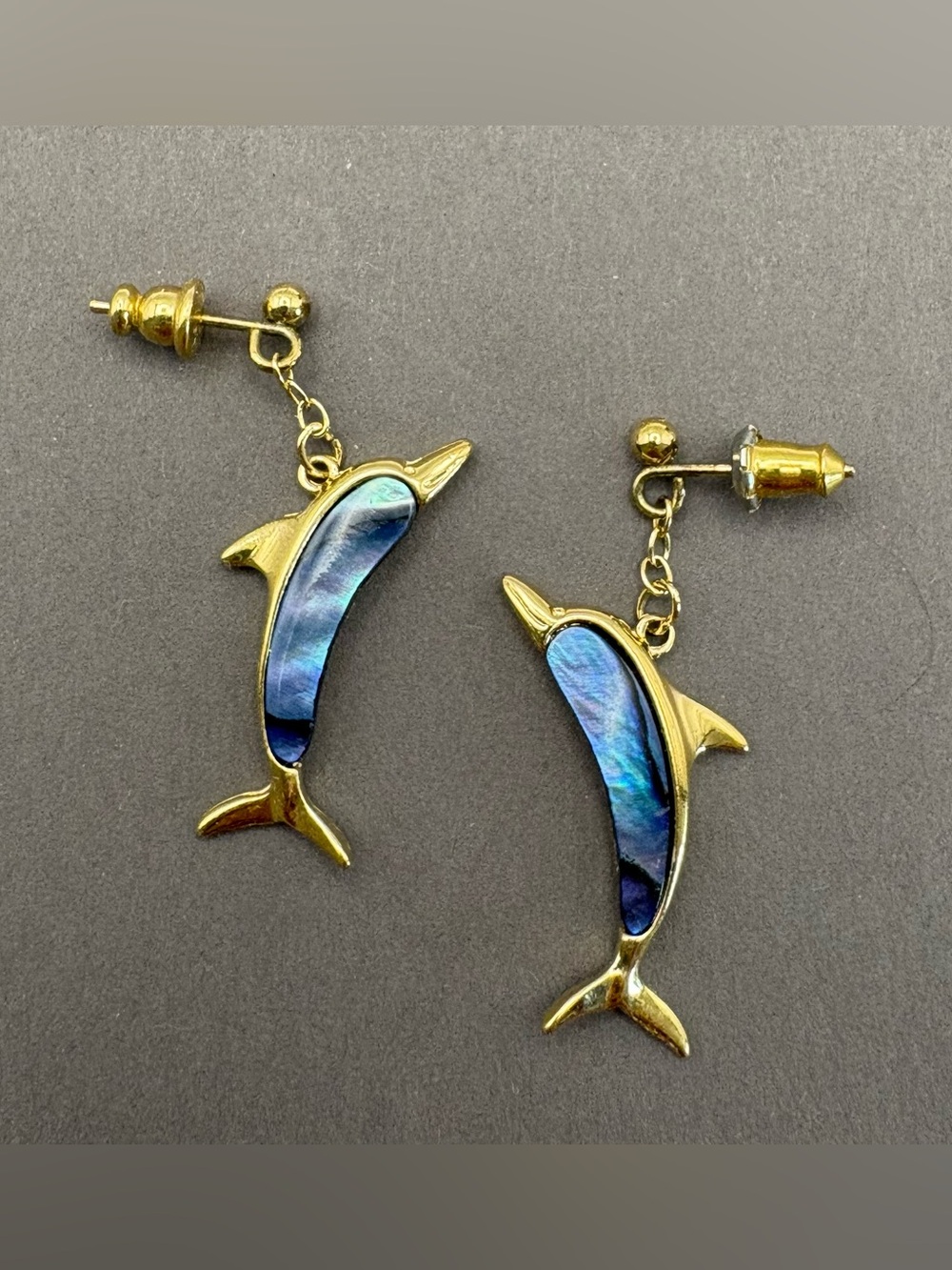 Ariki 22kt Gold Plated Dolphin Drop Earrings with Blue Abalone Inlay